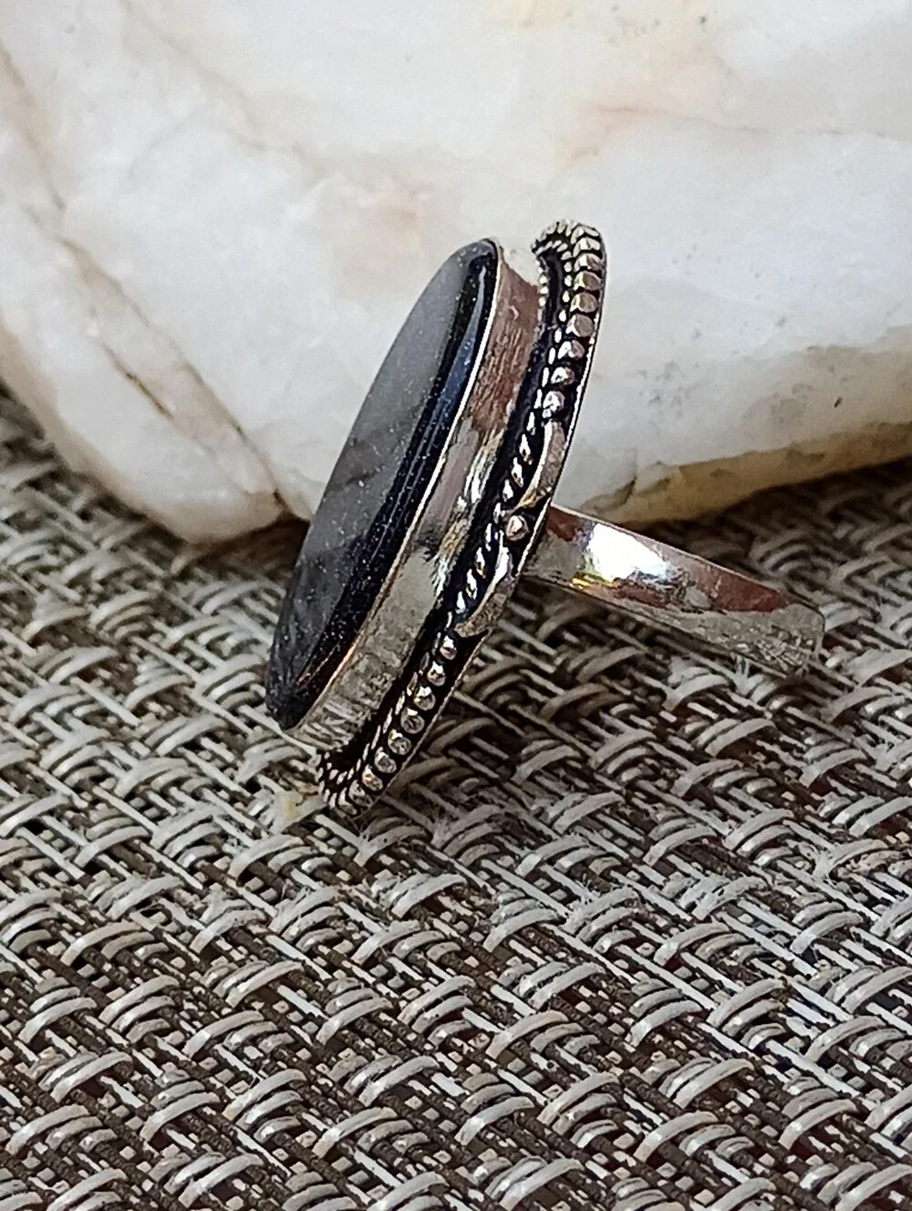 Deep Blue Sunstone BOHO Oval Silver Statement Ring Sz 8